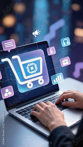 Futuristic online shopping interface integrates payments, logistics, products, and digital commerce through connected technology networks.