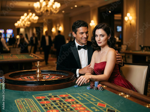 Elegant couple enjoying roulette at a luxury casino with colorful chips, glamorous atmosphere, and warm lighting. Concept of gambling, entertainment, romance, and success.