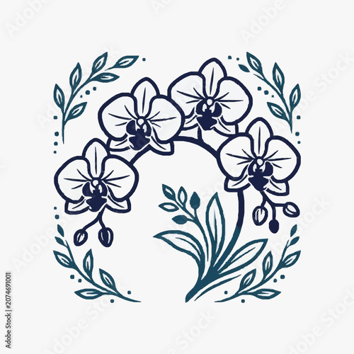 Stylized Orchid Flower Illustration with Leaves and Branches.