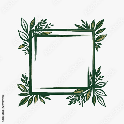 Square frame with green leaves and branches decorative border.