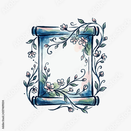 Vintage blue suitcase with ornate floral decal design.