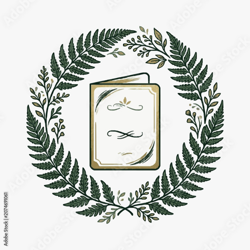 Vintage book with ornate cover surrounded by a wreath of green fern leaves.