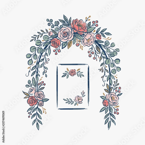 Vintage botanical floral wreath with butterflies and banner.