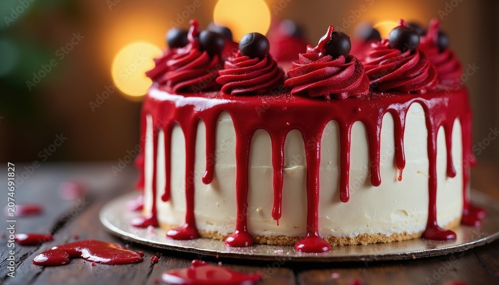 Fototapeta premium White cake with red frosting drips and dark chocolate balls on top. Festive dessert looks delicious with sweet topping and creamy base. Perfect for special event or party.