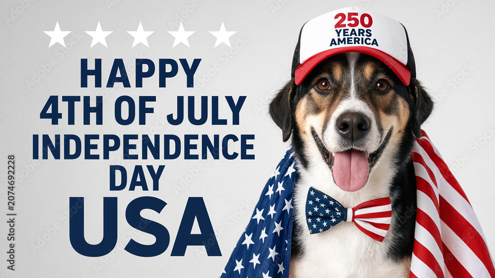 Fototapeta premium Happy fourth of July celebration with dog dressed in American flag colors, patriotic holiday with pet in USA, independence day party concept, festive animal with flag-themed hat and bow tie