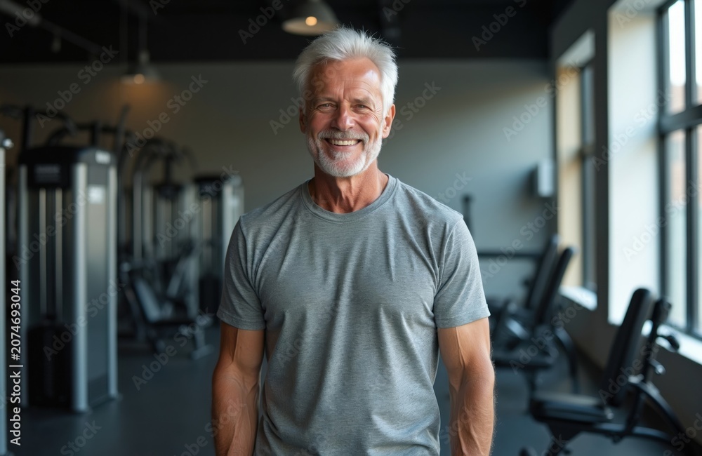 Fototapeta premium Smiling senior man with grey hair stands in gym. He wears a grey t-shirt, showing his fit physique and muscles. The background shows workout equipment and large windows.