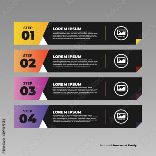 Business infographic timeline vector illustration with four steps and colorful geometric gradient banner cards menu layout with dark theme and paper fold corner