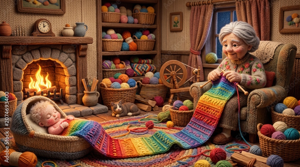 Naklejka premium Senior woman knits vibrant rainbow blanket for baby resting in basket by warm hearth in cozy, rustic home interior.