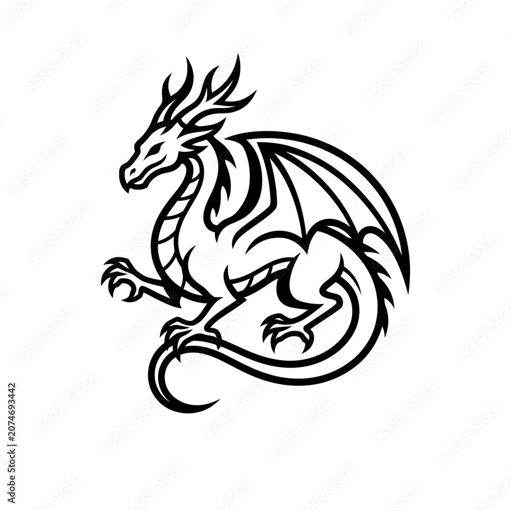 Fototapeta premium Bold Black and White Fantasy Dragon Vector Icon, Medieval Mythical Creature Mascot Logo Silhouette with Thick Outline Isolated on White Background