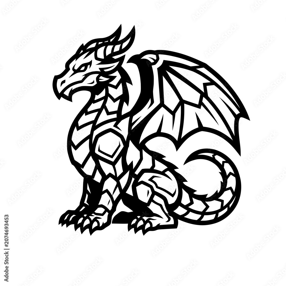 Obraz premium Bold Black and White Fantasy Dragon Vector Icon, Medieval Mythical Creature Mascot Logo Silhouette with Thick Outline Isolated on White Background