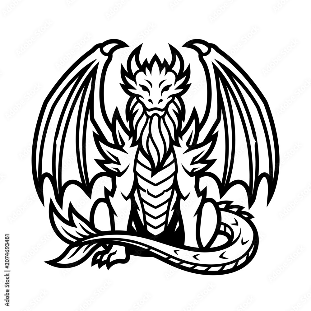 Fototapeta premium Bold Black and White Fantasy Dragon Vector Icon, Medieval Mythical Creature Mascot Logo Silhouette with Thick Outline Isolated on White Background