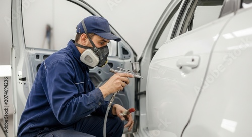 Mechanic Inspecting Car Engine in Workshop with Protective Gear