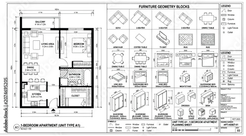 Schilderij op canvas 1bedroom apartment floor plan with furniture geometry blocks and legend