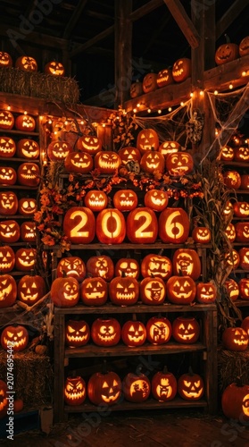 Shelf display of glowing jack o lanterns with 2026 for Halloween celebration.