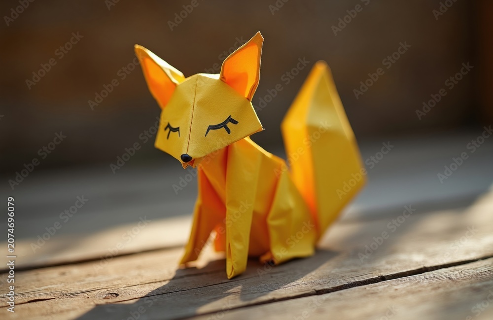 Obraz premium Yellow origami fox sits on wooden surface. Paper animal has cute closed eyes, pointed ears, bushy tail. Craft object is lit by sunlight, creating soft shadows.