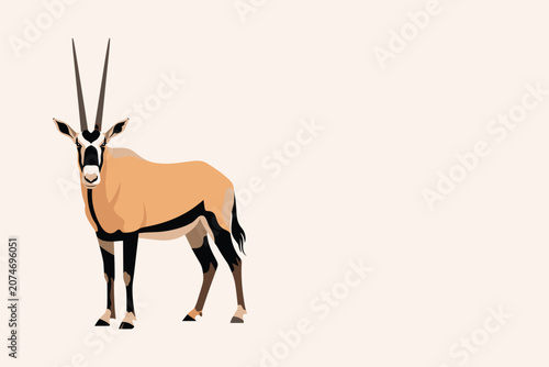 Flat vector illustration of a majestic wild African oryx standing proudly with its long sharp black horns, nature concept