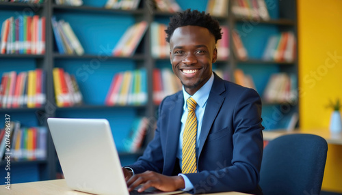 Young African man in suit works on laptop at desk. He smiles looking at camera in library with books. Bright indoor light enhances cheerful mood and study atmosphere.