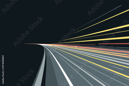 Flat vector illustration of high speed abstract traffic light trails zooming around a dark highway curve, abstract concept