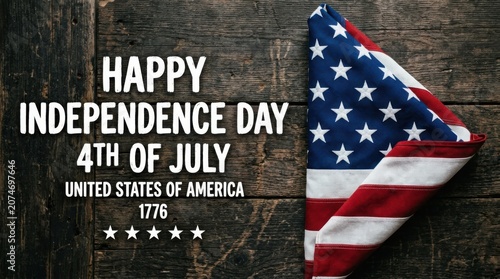 Happy independence day 4th of july greeting card with a folded american flag on a rustic wooden background