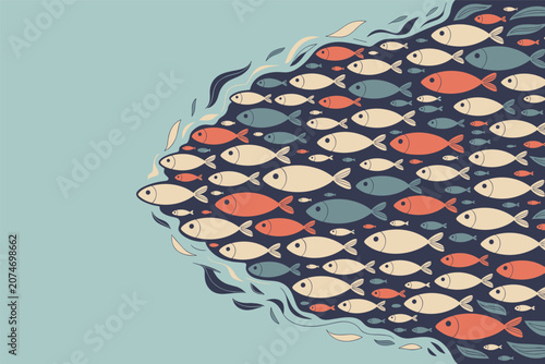 Flat vector illustration of a dense school of tropical fish swimming in a fish arrow shape formation art, marine concept