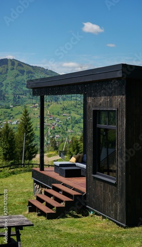 Wooden modern cabin with mountain view in Ukraine 