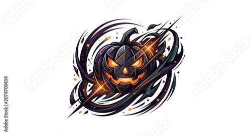Tableau sur toile Scary Halloween Jack O Lantern with Glowing Eyes and Dark Swirls.