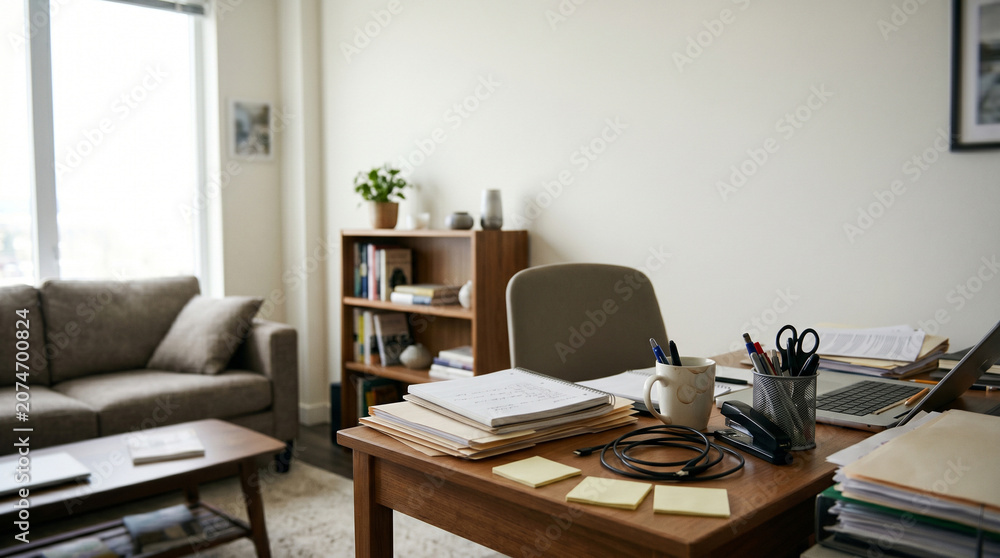 Fototapeta premium Hybrid Work Living Room Corner With Cluttered Desk And Copy Space