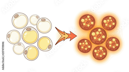Biological diagram showing the conversion of white adipocytes into brown fat cells with mitochondria and lipid droplets for metabolic health