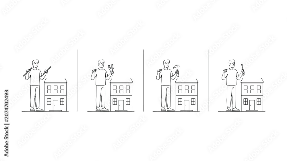 Fototapeta premium Line of a man with tools standing in front of buildings from different angles line man construction worker