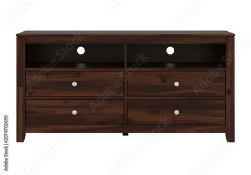 Dark wood television stand with drawers.