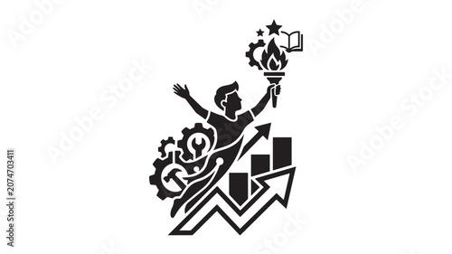 Statue of success with torch on graph background in black and white minimalist style for business and finance
