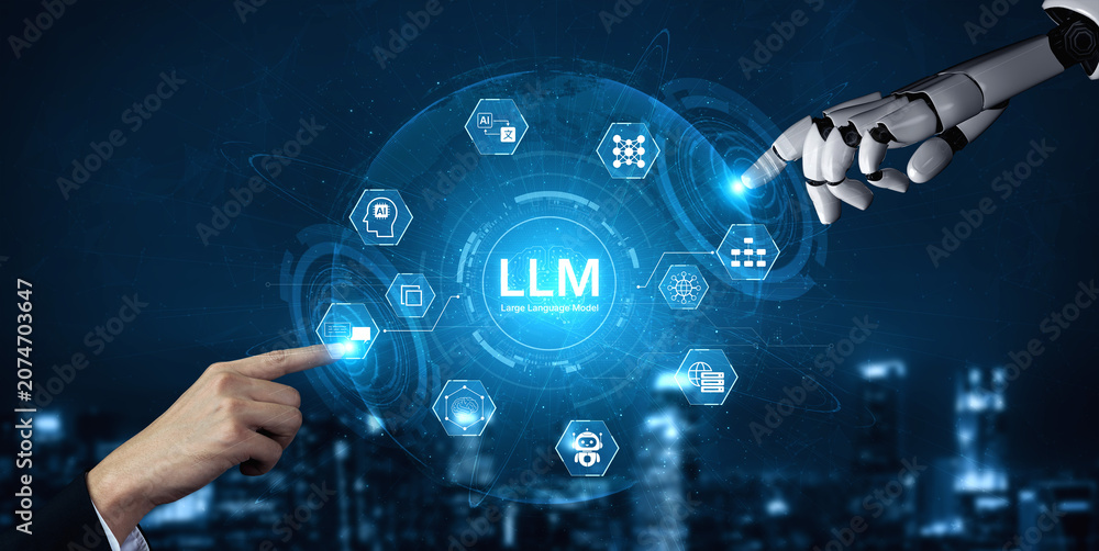 Fototapeta premium Large Language Model LLM processing data. Represents deep text learning, natural language processing NLP AI tech, transformer architecture, and generative AI deep learning future technology. Corpus