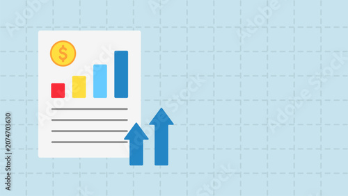 Flat vector illustration template of financial report with growth chart and upward arrows. Ideal for business performance, revenue growth, investment, financial reporting, and profit tracking concepts