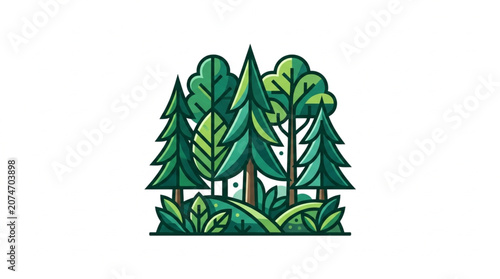 Bild auf Leinwand Stylized Forest Scene with Various Green Trees and Plants.