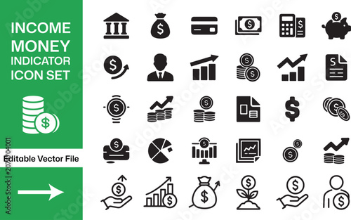 Income money indicator icon set with various financial symbols and signs