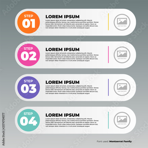 Business infographic timeline vector illustration with four steps and colorful geometric rounded capsule banner cards over grey background