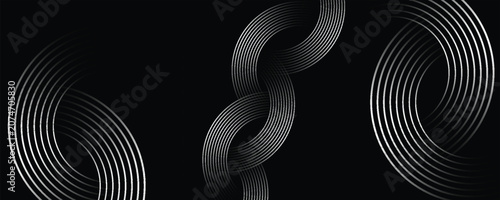 Εκτύπωση καμβά Abstract background featuring sleek, interlocking silver metallic circular lines on a solid black backdrop, creating a modern, futuristic, and sophisticated geometric design