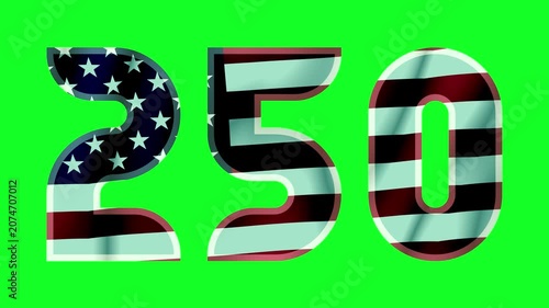 Horizontal 4K video. Set of loop animation with waving American flag inside text USA 250 on green, white, black for keying. Concept of 4th of July, Independence Day, holiday, freedom, glory, honor