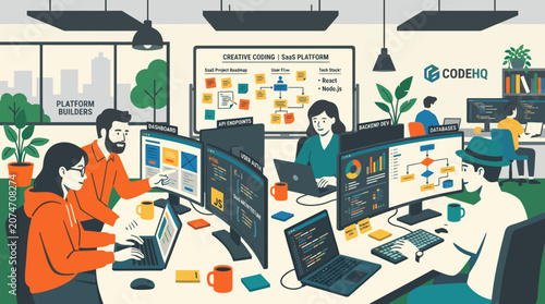 Fotografie Flat vector illustration of a software development team building a SaaS platform, featuring coding, API integration, cloud architecture, agile collaboration, and modern DevOps workflow