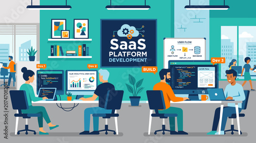 Obraz na plátně Flat vector illustration of a software development team building a SaaS platform, featuring coding, API integration, cloud architecture, agile collaboration, and modern DevOps workflow
