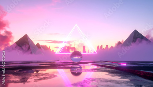 Surreal Pyramids and Crystal Ball Landscape at Sunset.