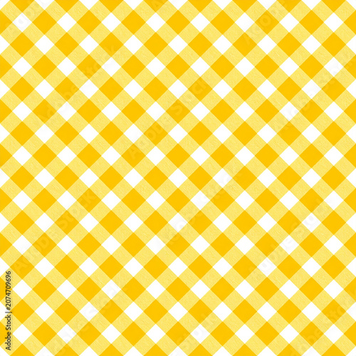 Seamless background featuring a vibrant yellow and white diagonal gingham plaid pattern, perfect for picnic designs, farmhouse decor, and creative textile projects.