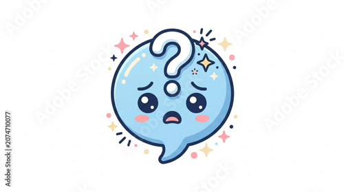 Foto Cute Kawaii Blue Speech Bubble with Question Mark and Sad Eyes.