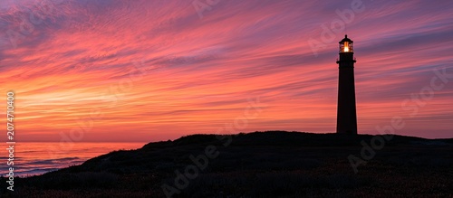 Silhouette of a lit lighthouse against a vibrant sunset sky with ocean