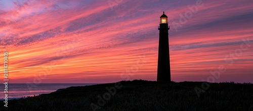 Tall, dark lighthouse silhouetted against a vibrant pink and orange sunset sky