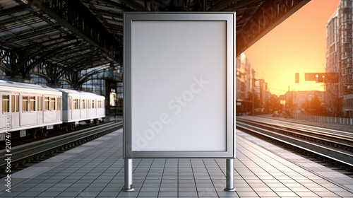 Blank billboard on a train station platform at sunset, ready for advertisement