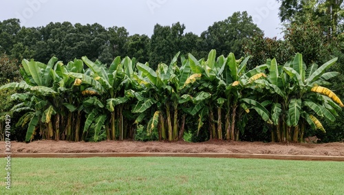 Lush green banana trees stand in a row against a backdrop of dense forest