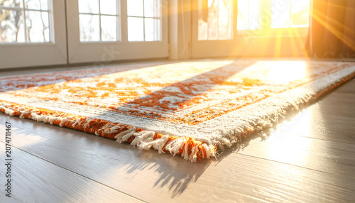 Sunlight Streaming Across Ornate Rug on Wooden Floor.