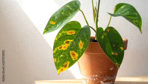 Potted Houseplant with Yellow Spots on Green Leaves.