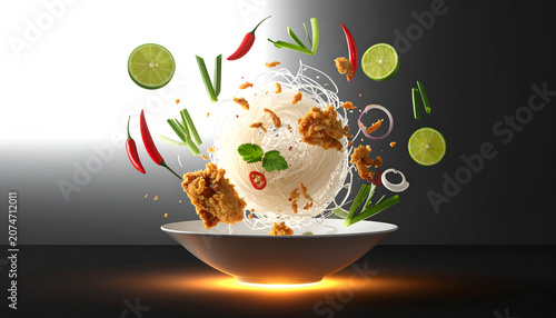 Explosion of Asian Noodles and Ingredients in Mid-Air.